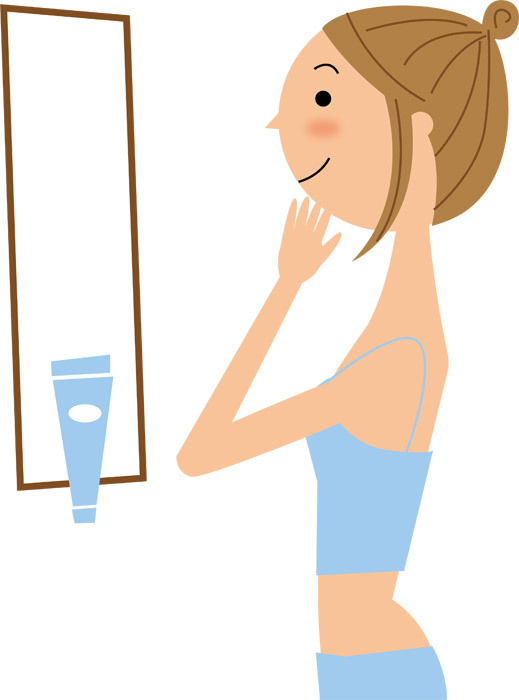 鏡の前で肌チェックする女性のイラスト